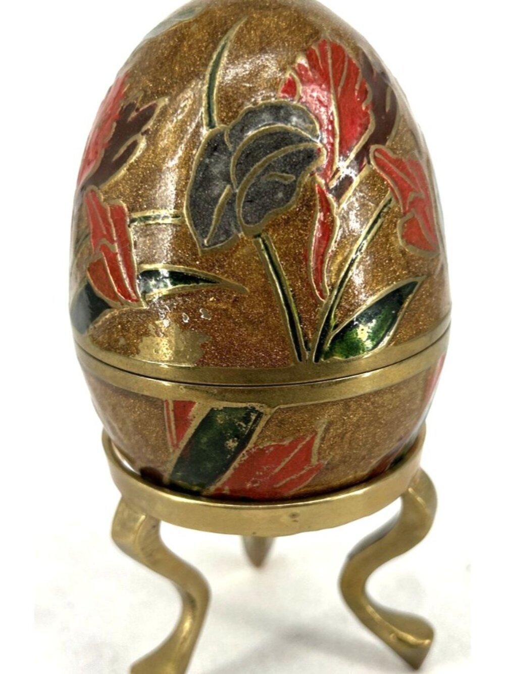 Enamel Brass Egg Trinket Box 2 pc Floral Hand Painted 3 Leg Stand Included